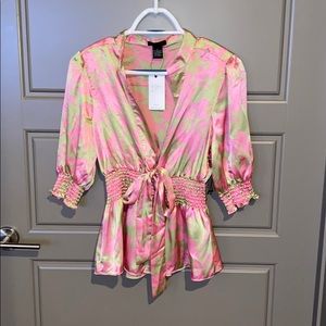 NWT BCBG Max Azria Pink & Green Tie Front Blouse